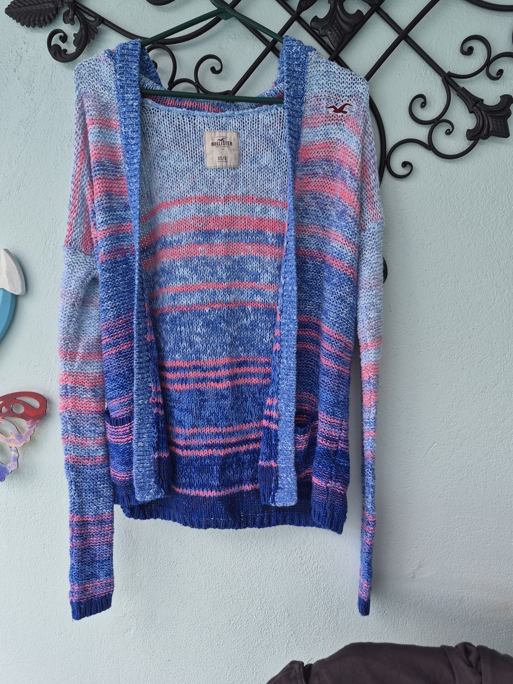 Hollister Women's Blue Pink Striped Open-Front Cardigan Sweater Xs